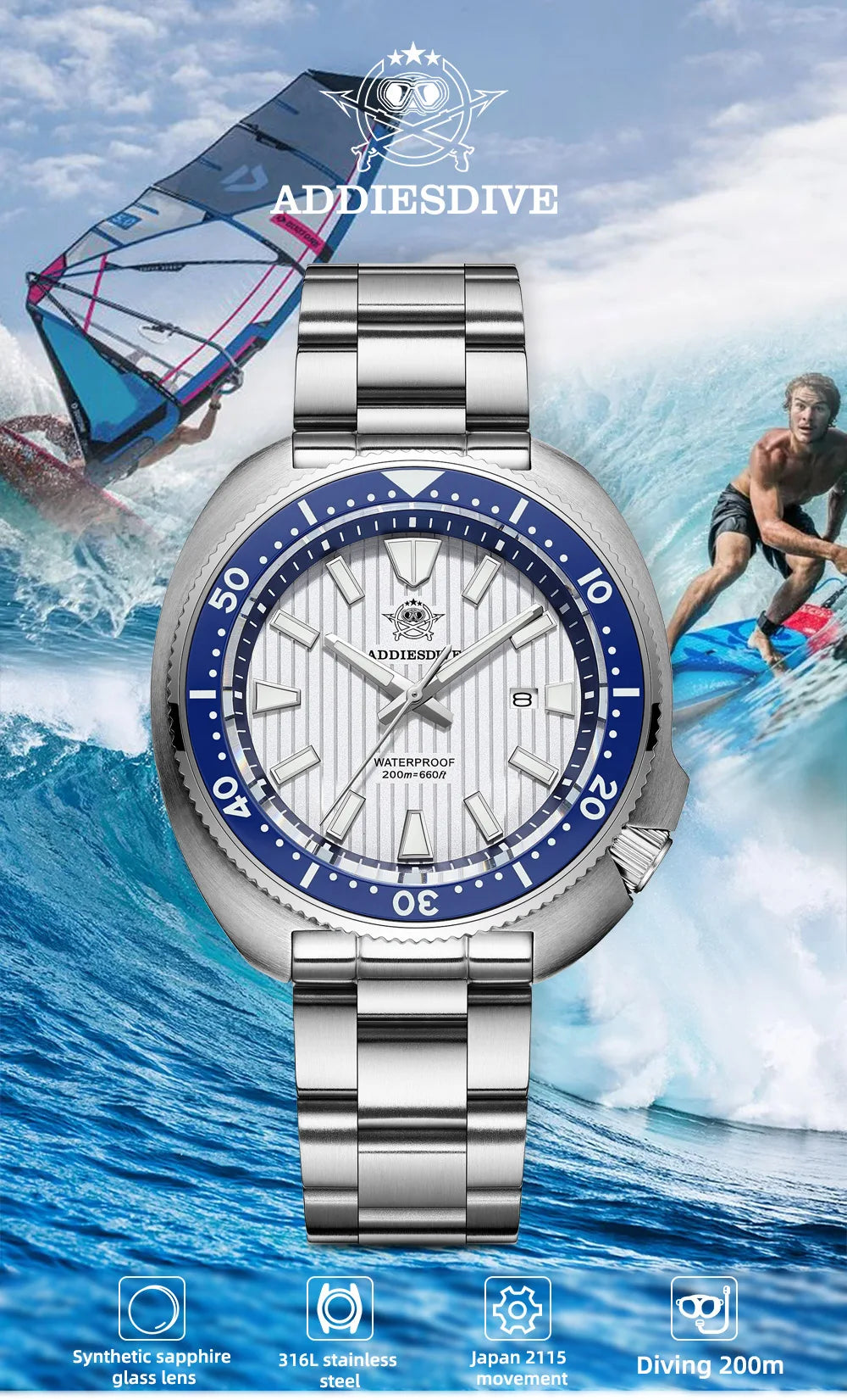 ADDIESDIVE Watch For Man AD2507 Sapphire Crystals Window Display BGW9 Luminous 200M waterproof 316L Stainless Steel Quartz Watch