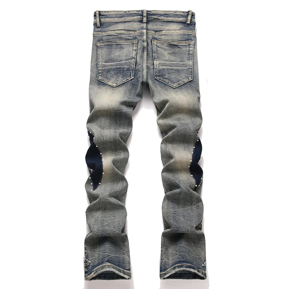 Men's Pearl Boot Cut Denim Jeans Embroidery Patch Slim Flared Pants Casual Streetwear Vintage Blue Trousers
