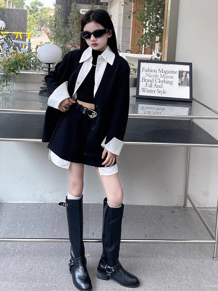 Girls' Suit Set Ages 5-14 Trendy Spliced Two-Piece Outfit with Jacket And Short Skirt for Children's Fashion Shows Machine Wa...