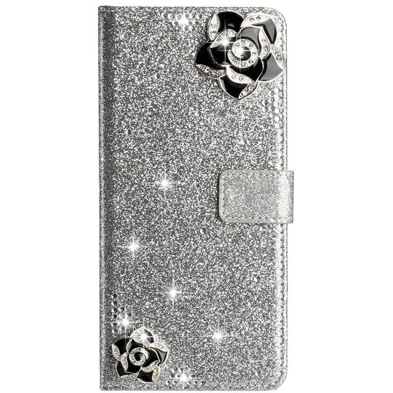 Flash Drill Small Flower Wallet Luxury Glitter Case For iPhone 17 ProMax Air 16 E Pro 15 14 Plus 13 12 Mini 11 Pro Max Cover