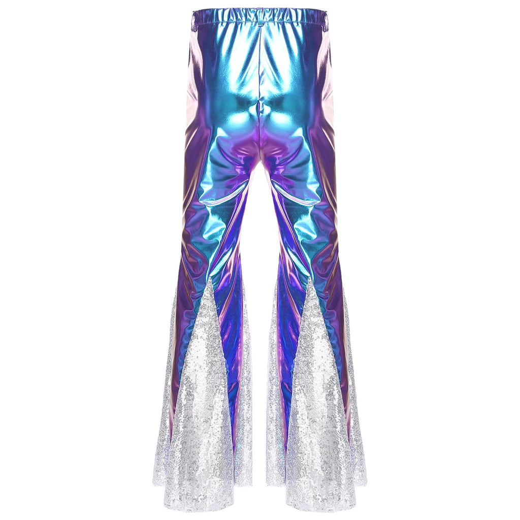 Mens Shiny Metallic 70s Disco Pants Hippie Vintage Costume Dance Rave Nightclub Sequins Bell Bottoms Club Party Flared Pants