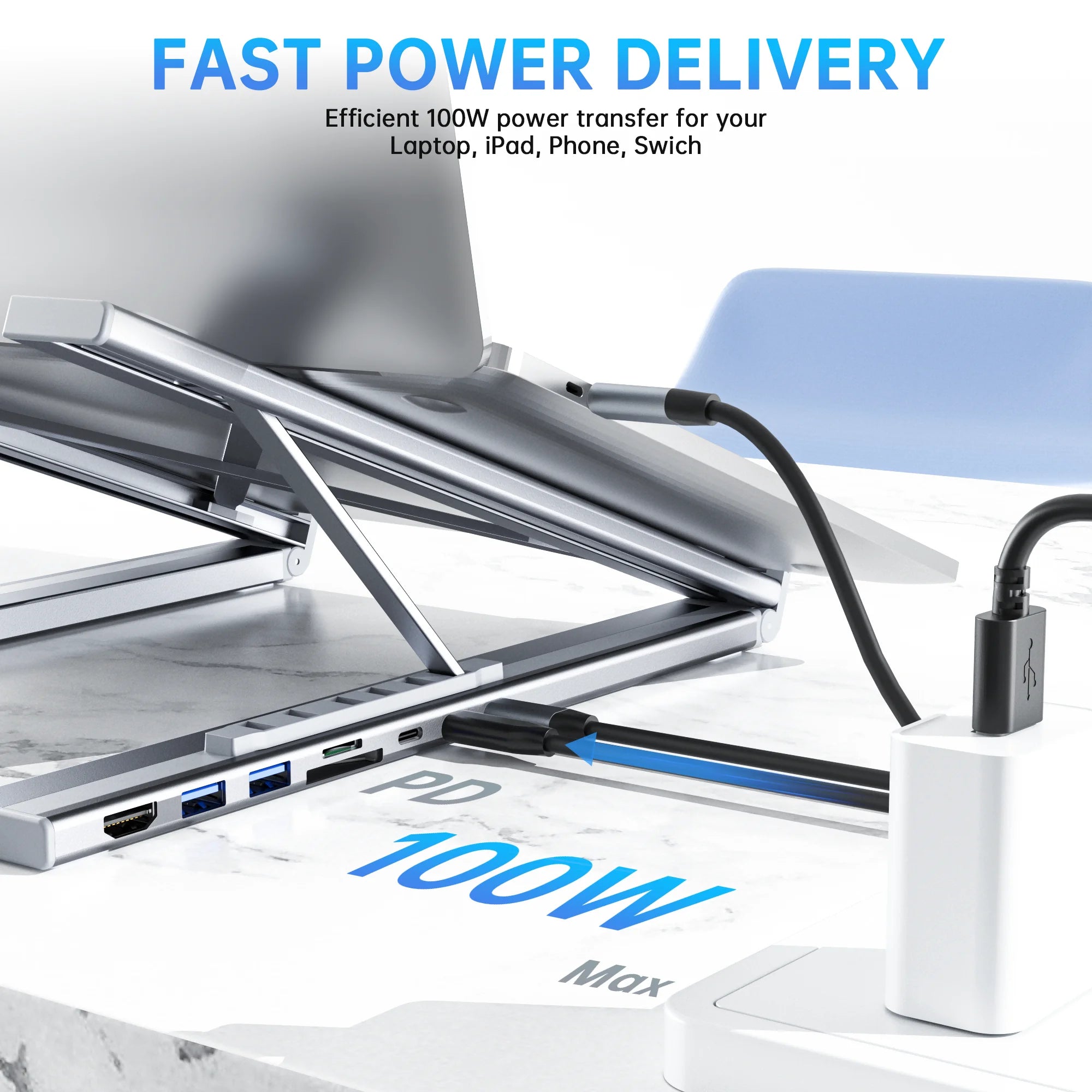 8-in-1 USB-C Laptop Stand With Docking Station Universal USB C Dock Tablet Stand Foldable Type-C Hubs Adapter Plug Play
