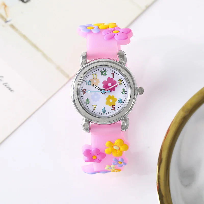 Cute Sweet Colored Flower Cartoon Watch, Pink Silicone Tape Quartz Cartoon Schoolgirl Watches Kid's Quartz Wristwatches