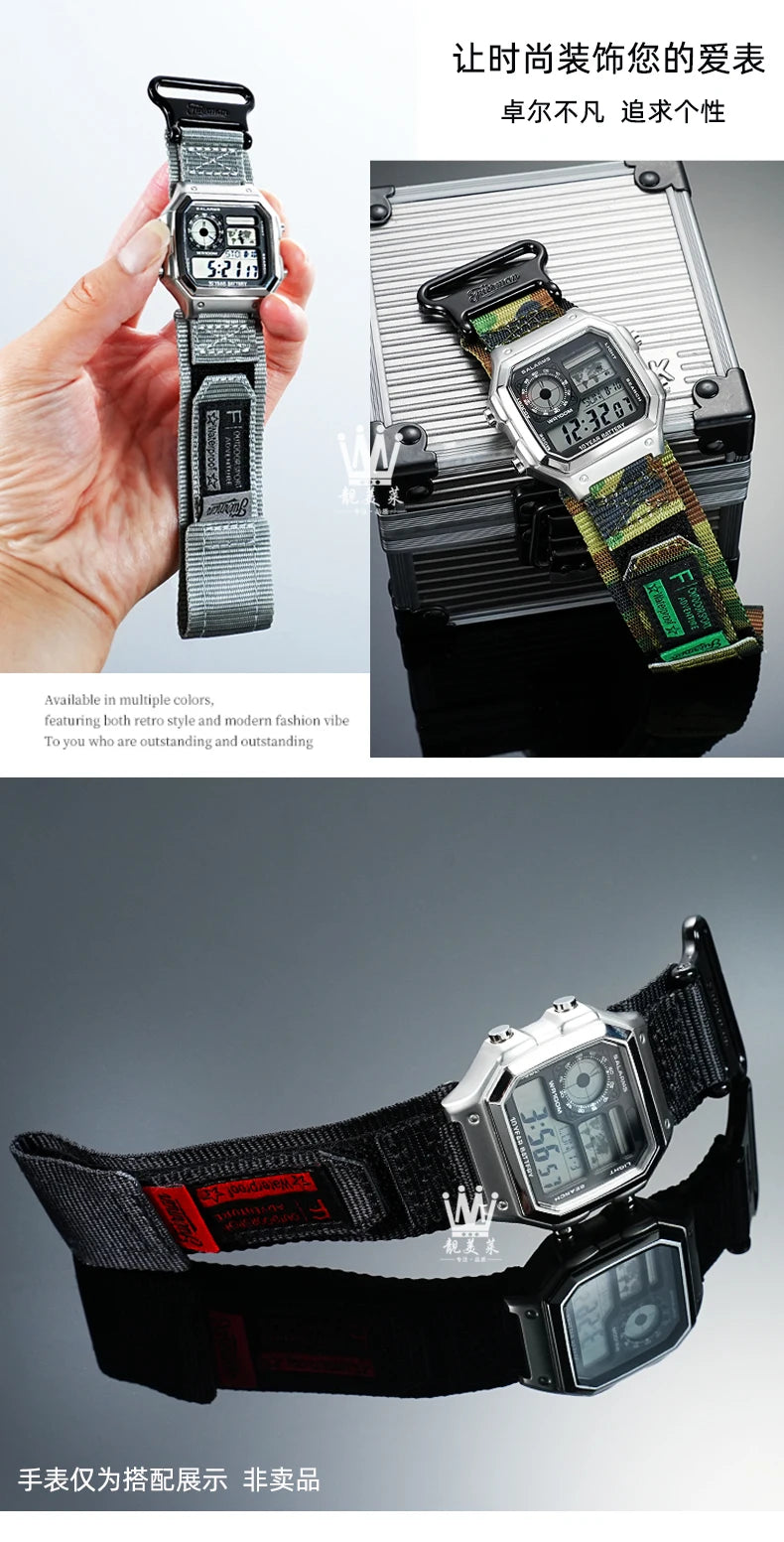AE1200 Loop Design Nylon Canvas Strap For Casio Watches A158W/A168/W-216H/F-91/AE1300/1500/AE-1200 Outdoor Sports watchband 18mm