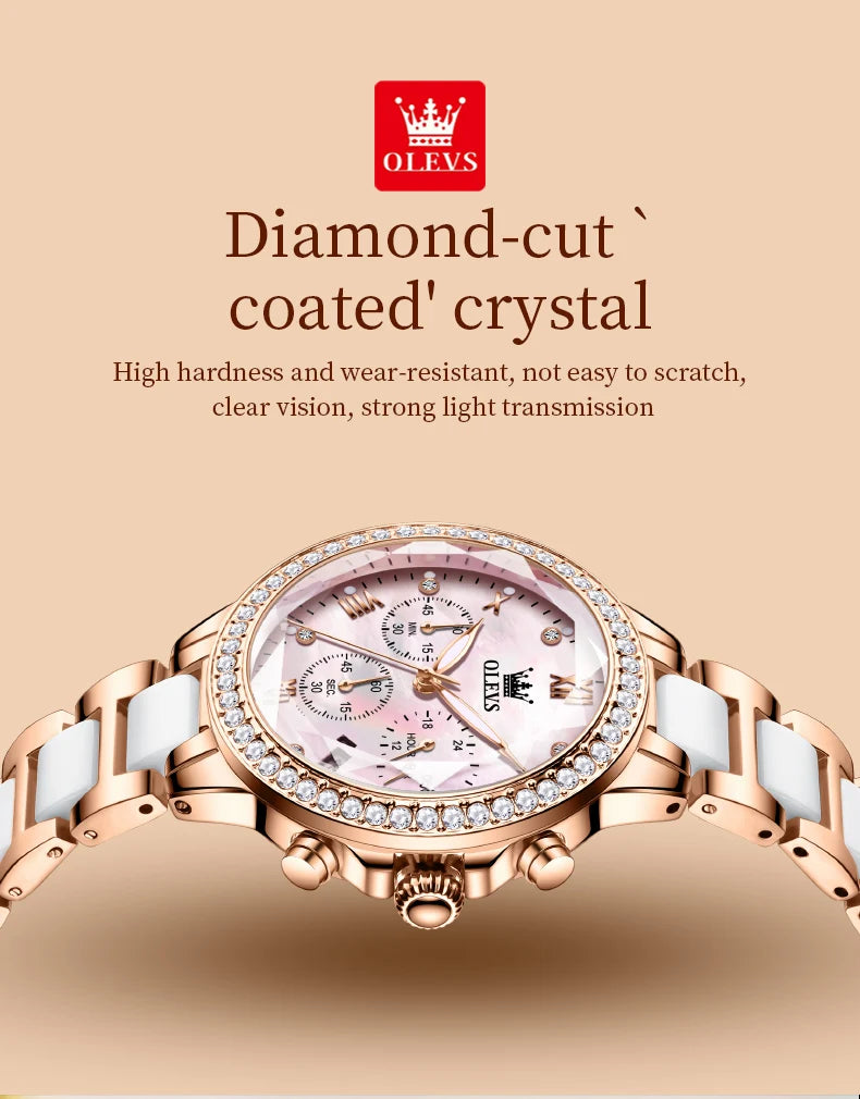 OLEVS Diamond Quartz Watch for Women Luxury Elegant Ceramics Strap Rhombic Mirror Ladies Wristwatch Waterproof Chronograph Clock