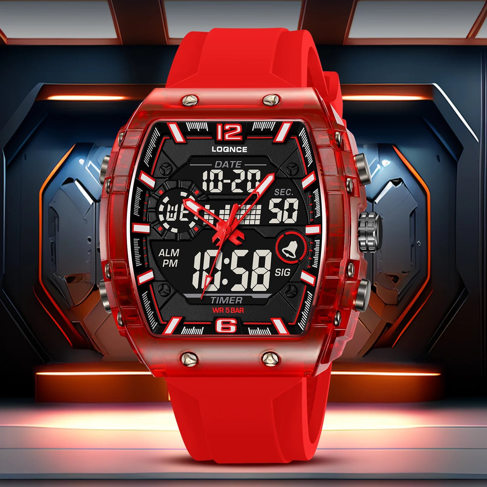 Fashion LOQNCE 98003 Men's Watch High Quality Analog-Digital Dual Movement Calendar Luminous 50M Waterproof Watch Silicone Band