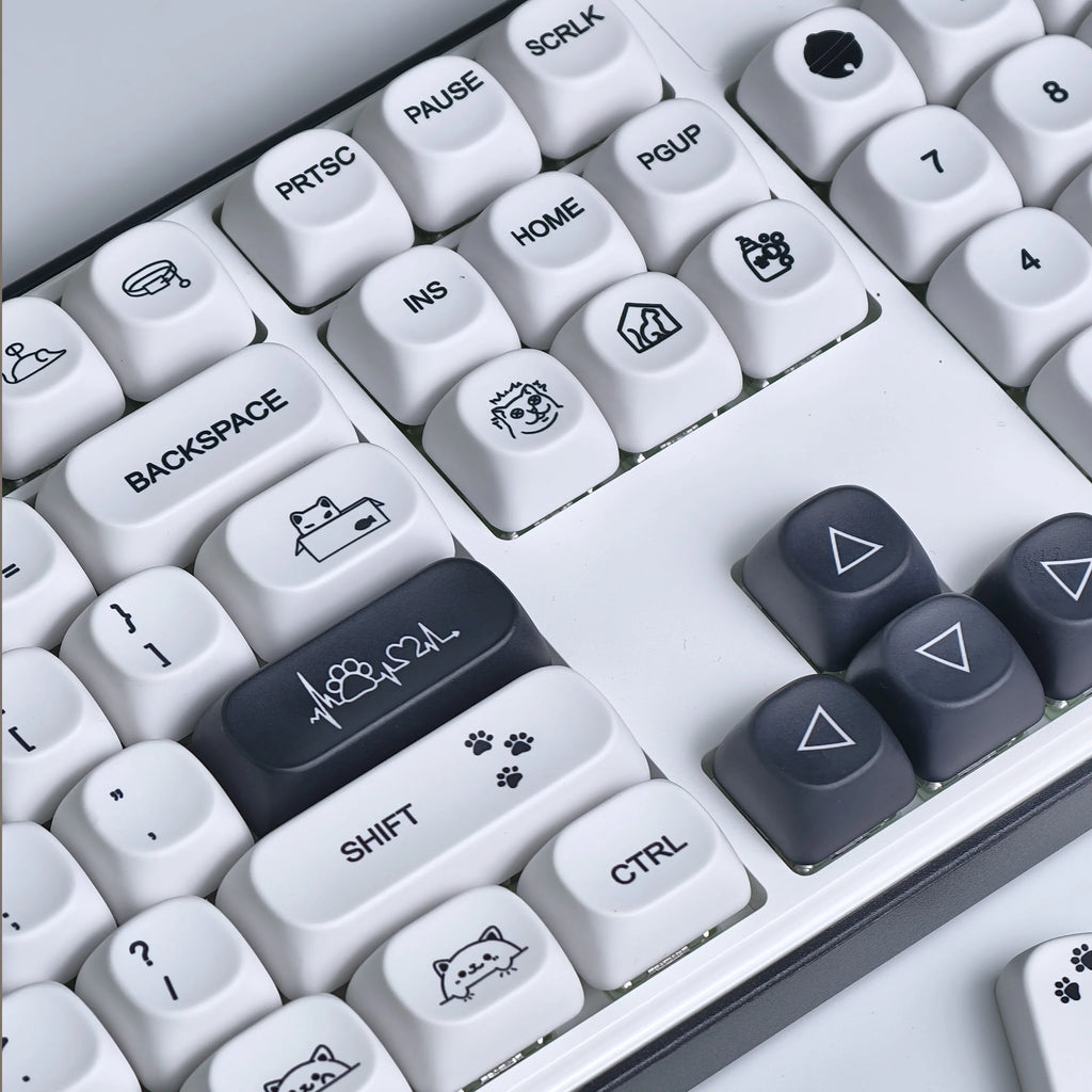 MAIMOOO MOA Keycap Korean Russian English 120Keys Round Cute Pbt Minimalist Style Black And White Cute Kitty Keycaps