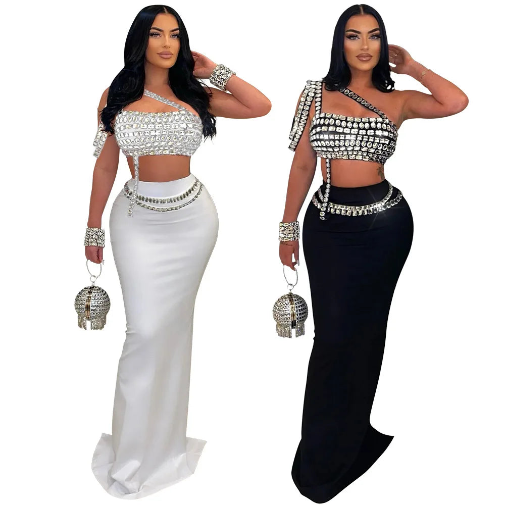 Women Dress Sets Floor Length Buttocks Skirts Two Pieces Set Matching Sets Diamonds Camisole High Street Party Night Evening