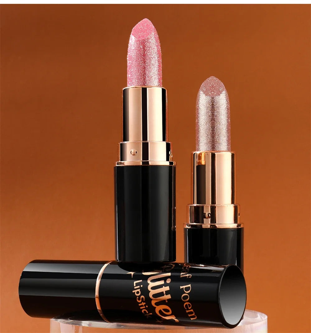 Black Tube Shiny Diamond Lipstick Pearl Moisturizing Glitter Lip Tint Balm Waterproof  Lasting Lip Gloss Shimmer Sexy Lip Makeup