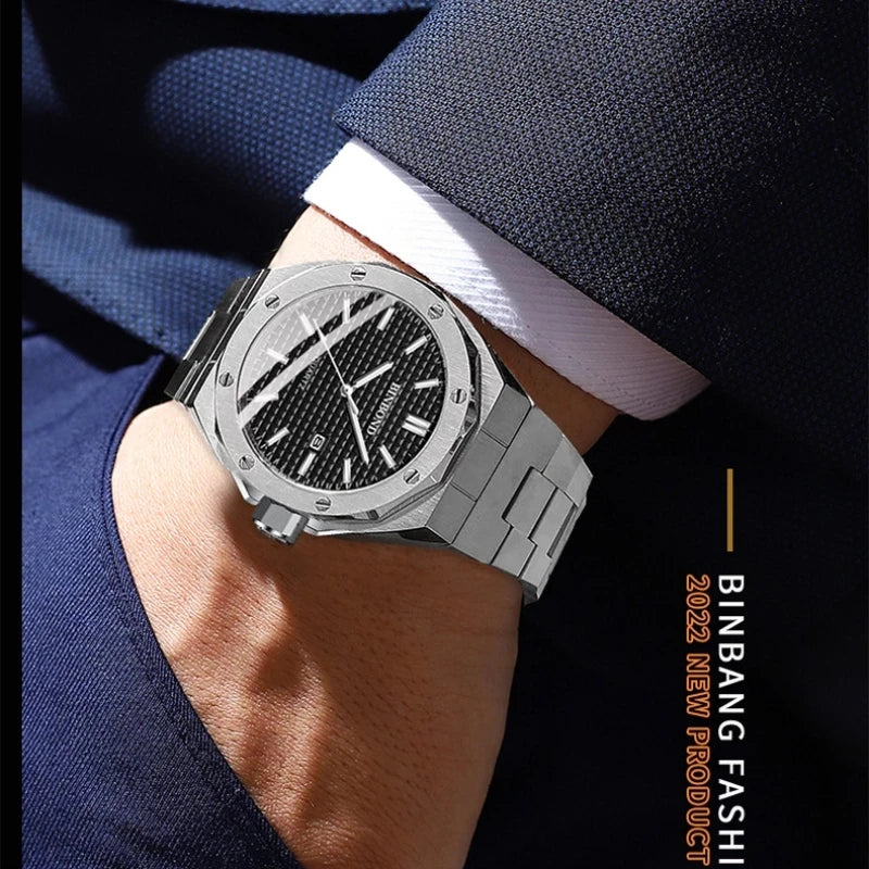 BINBOND 0233 Luxury Fashion Men's Quartz Watch Stainless Steel Large Dial Waterproof Night Light Men's Watch Clock