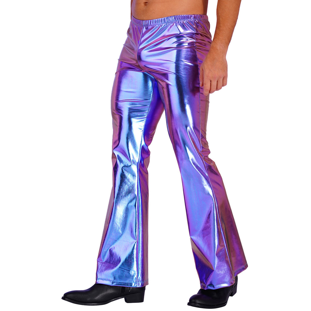 Mens Shiny Metallic 70s Disco Flared Pants Hippie Vintage Hip Hop Carnival Performance Costume Sequins Bell Bottoms Trousers