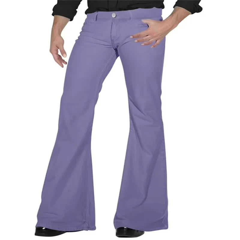 2026 Fashion Men's Vintage Disco Flared Pants Solid Stretch Slim Fit Trousers Hippie Style Casual Wide Leg Pants Male Streetwear
