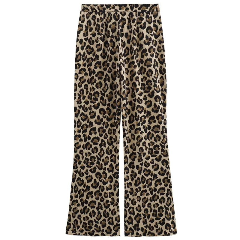 HXAO Leopard Flared Pants Women's Pants Summer 2025 Lady Fashion Vintage Animal Print High Waist Pants Chic Office Wear Trousers