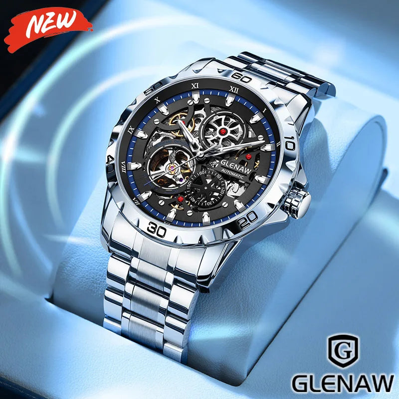 2025 GLENAW NEW Steampunk Skeleton Men Watch Luxury Automatic Mechanical Watches Luminous waterproof Stainless Steel Strap Watch