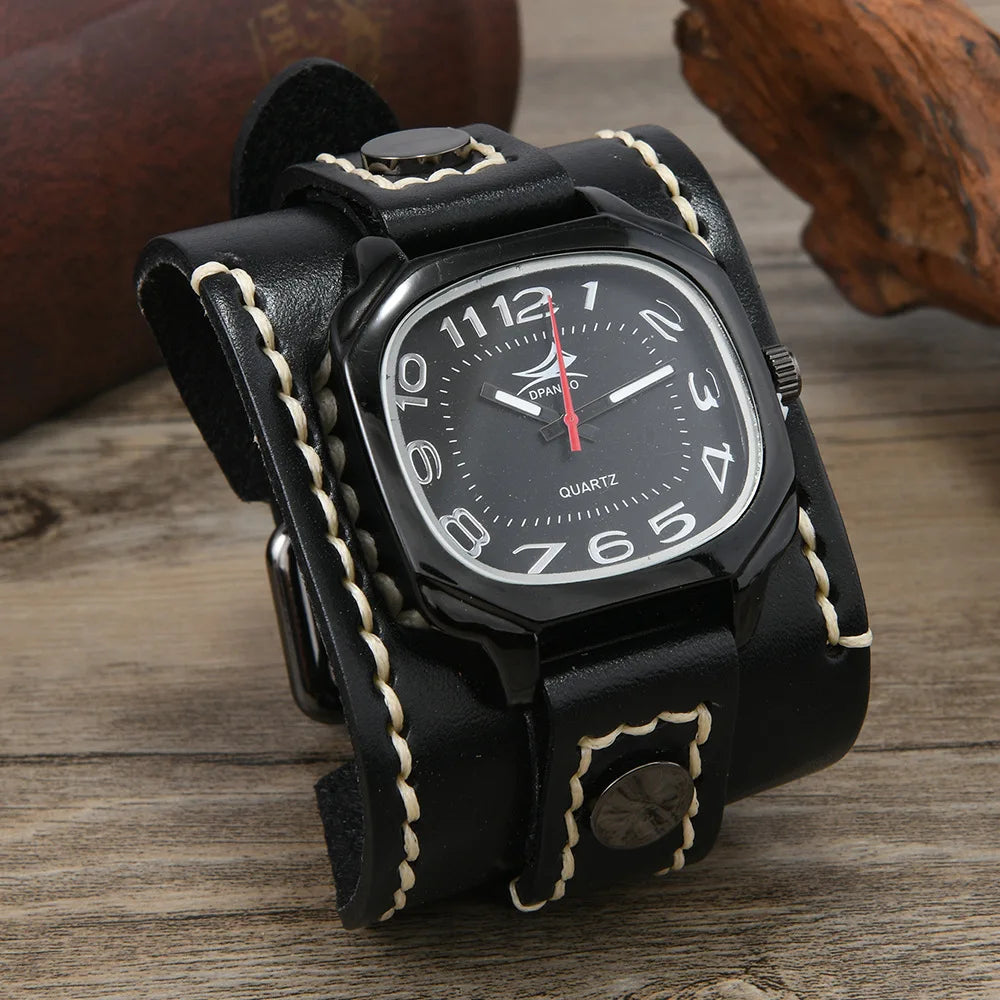 Men's Vintage Wide Cowhide Leather Hand-Stitched Quartz Watch - Retro Wrist Accessory