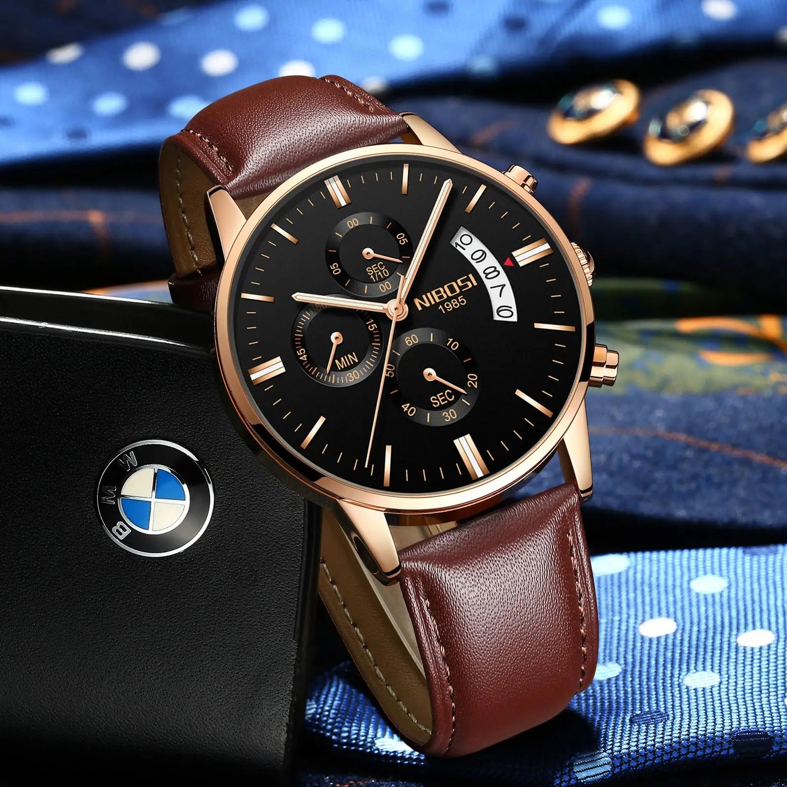 NIBOSI Watches Men Sport Quartz Watches Waterproof Chronograph Wrist Watch Gift Three-Eye 6-Pin Solid Leather Belt Watch Relogio