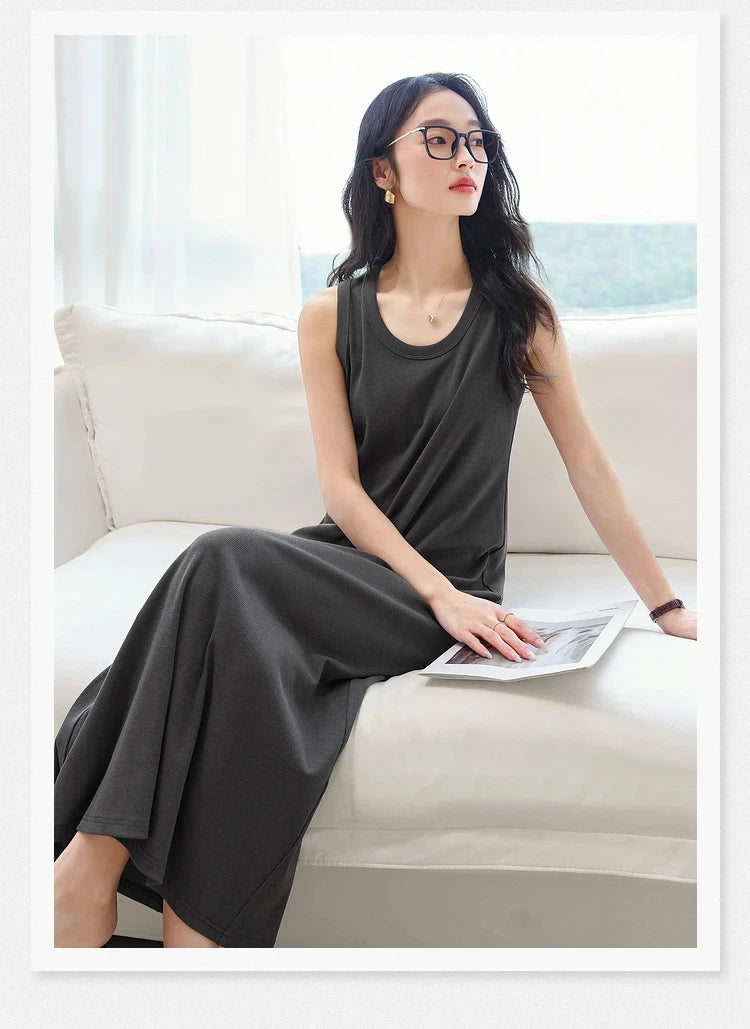 VIMLY Summer Tank Dresses 2026 Woman Simple Gray Cotton Blend Knitted Loose Sleeveless A Line Long Dress Women's Clothing M9852