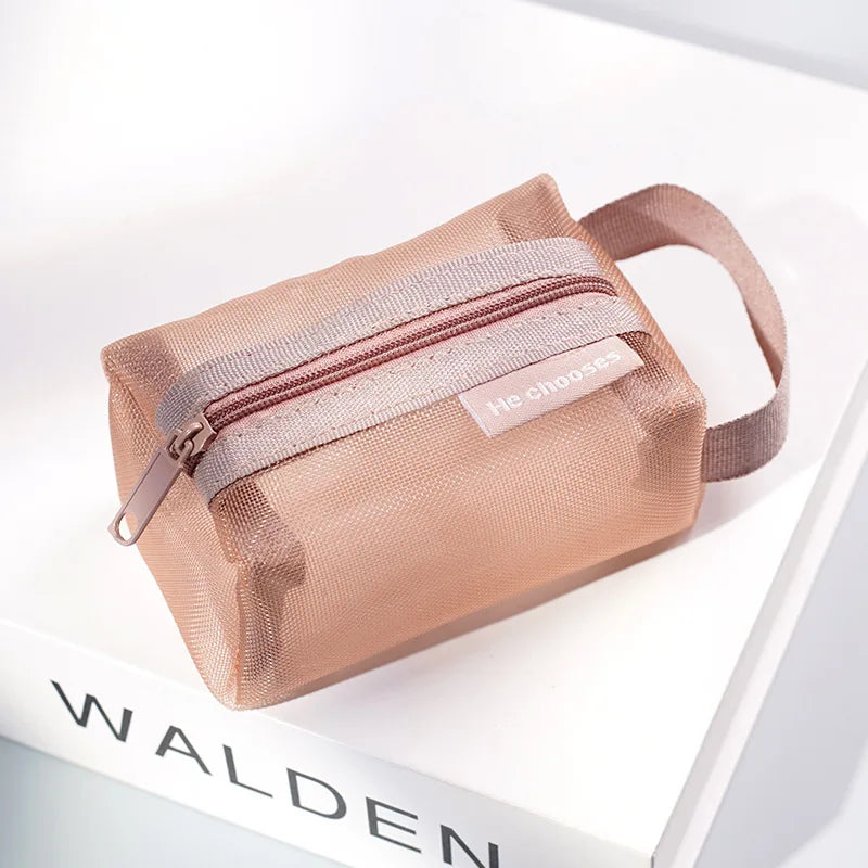 Mini Clear Nylon Mesh zipper Cosmetic Bags Cute Women Small Lipstick Makeup Bags Pouch Data Line Key Earphone Organizer Case