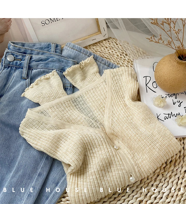 2026 Spring Summer Gentle Ruffle Trim Long Sleeve Ice Silk Sunscreen Knitted Cardigan Women Short Pearl Button Thin Casual Coat