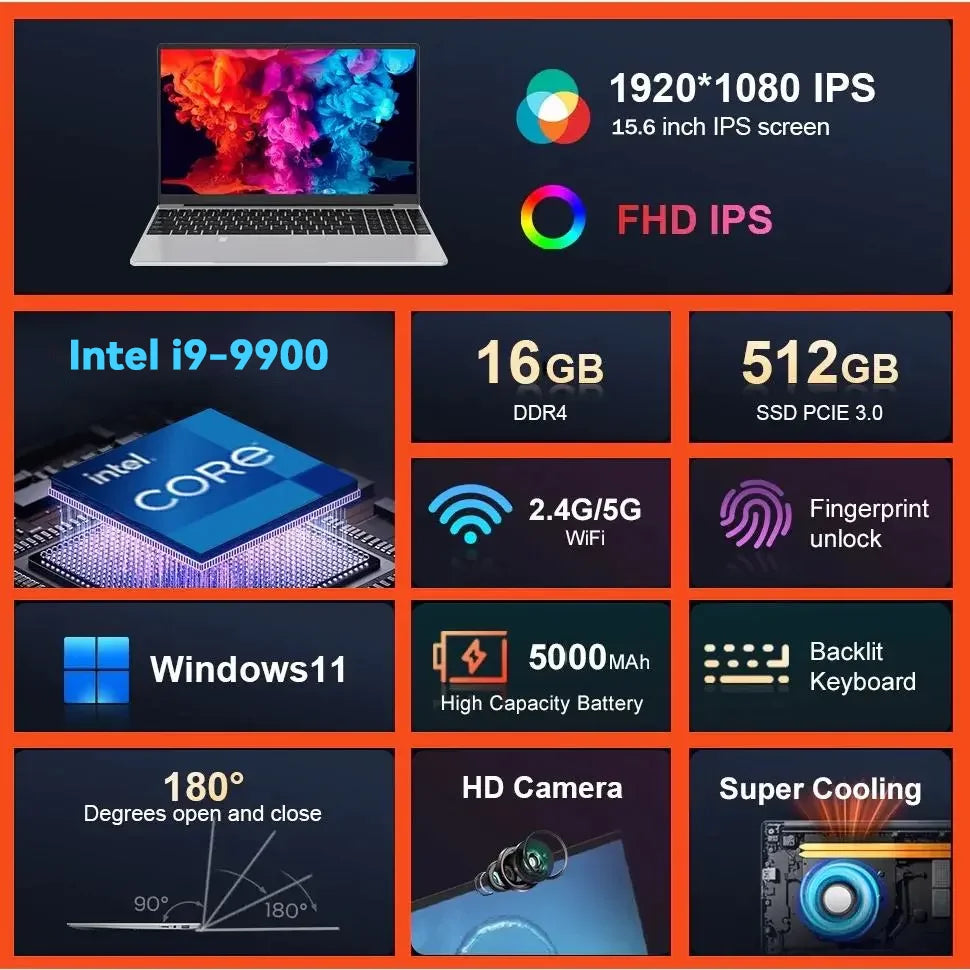 New Arrival 15.6 Inch Intel Core i9-9900 Backlight Keyboard Laptops Fingerprint Unlock 16GB 1TB SSD Gamer Computer Notebook PC