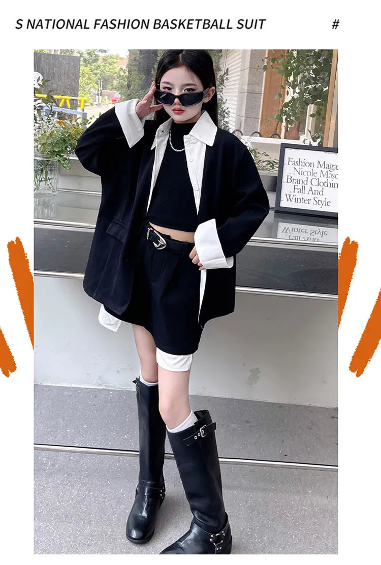 Girls' Suit Set Ages 5-14 Trendy Spliced Two-Piece Outfit with Jacket And Short Skirt for Children's Fashion Shows Machine Wa...