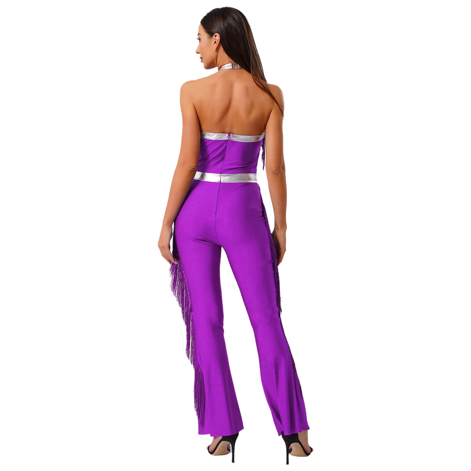 Womens 70s Disco Party Jumpsuit Halter Shiny Sequins Tassel Flared Pants Latin Jazz Dance Rompers Rave Festival Prom Clubwear
