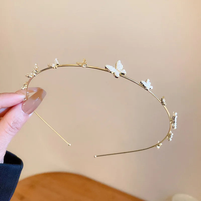 DREJEW Butterfly Hairbands for Women Rhinestone Crystal Long Tassel Chain Headband Simulated Pearl Headwear Hair Accessories