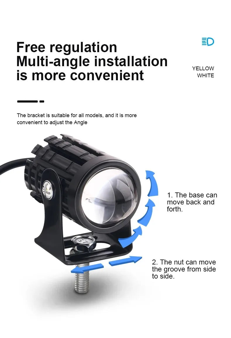 Universal Motorcycle LED Headlight Projector Lens Dual Color ATV Scooter Driving Lamp Fog Light Auxiliary Spotlight Lamp