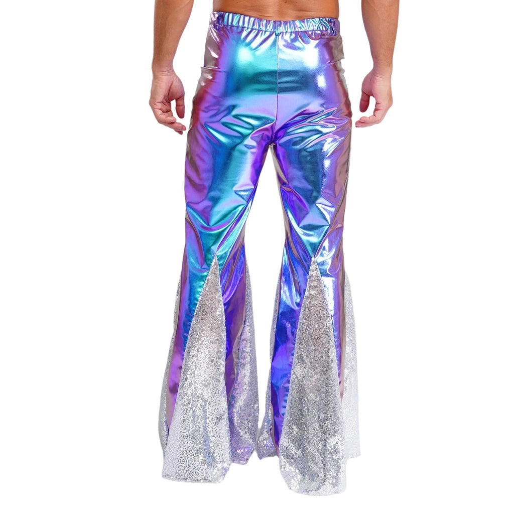 Mens Shiny Metallic 70s Disco Pants Hippie Vintage Costume Dance Rave Nightclub Sequins Bell Bottoms Club Party Flared Pants