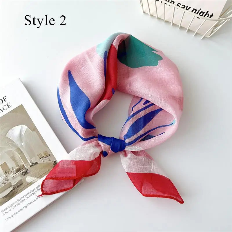 Sunscreen Head Scarf Cotton Linen Square Scarf Women Floral Peach Neck Scarf Fashion Decorative Neckerchief Hairband 58*58cm