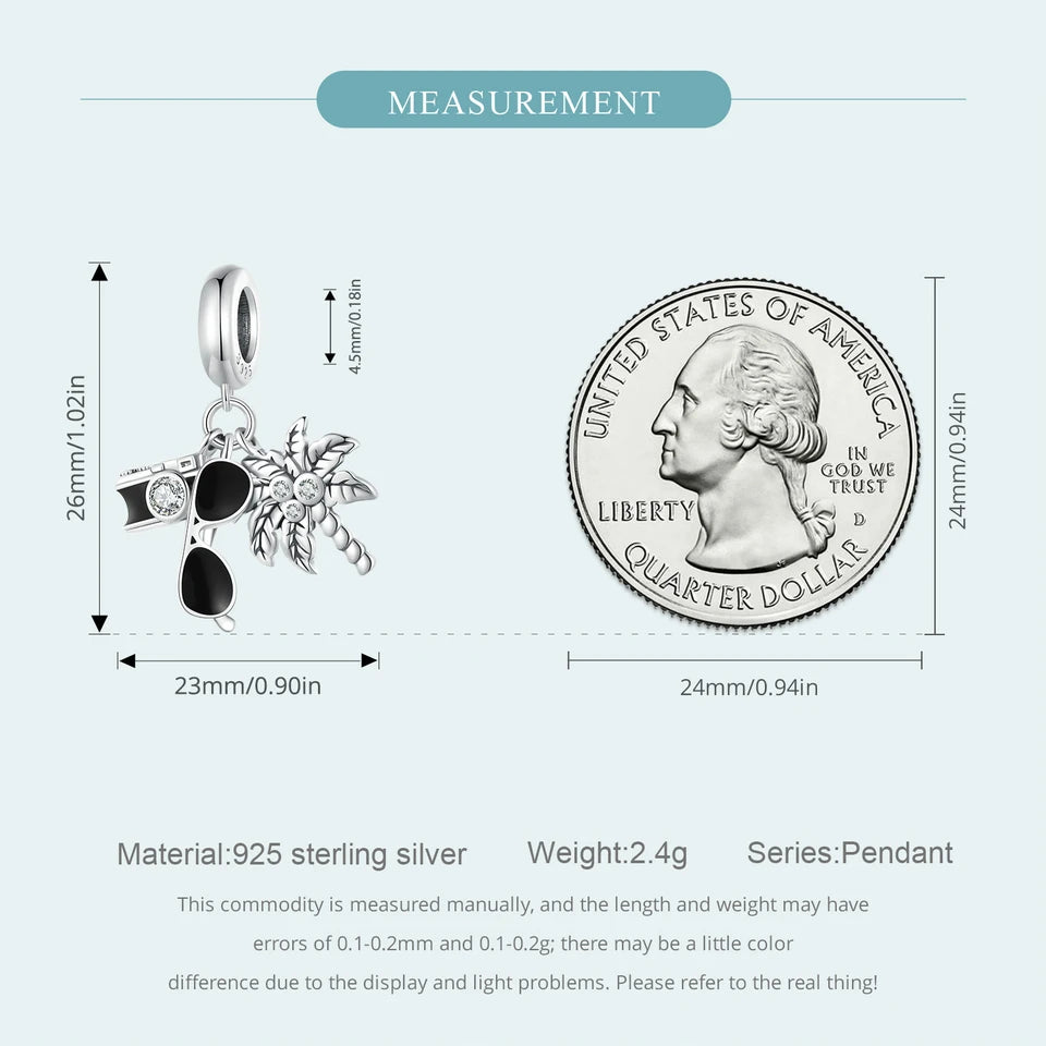 BISAER 925 Sterling Silver Summer Vacation Charm Bead Lipstick Sunglasses High Heels Airplane Pendant Fit Women DIY Bracelet