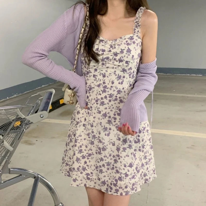 Lucyever Summer Purple Two-piece Sets Dress for Women Floral Slip Mini Dress+Sunscreen Shawl Cardigan Woman 2022 New Sundress