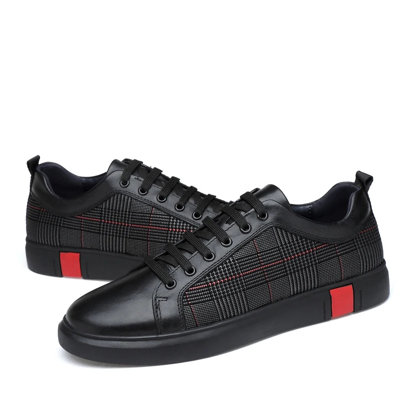 New Arrival Men Black Leather Plaid Panel Sneakers Luxury Style Lace Up Casual Shoes Non Slip Platform Walking Footwear