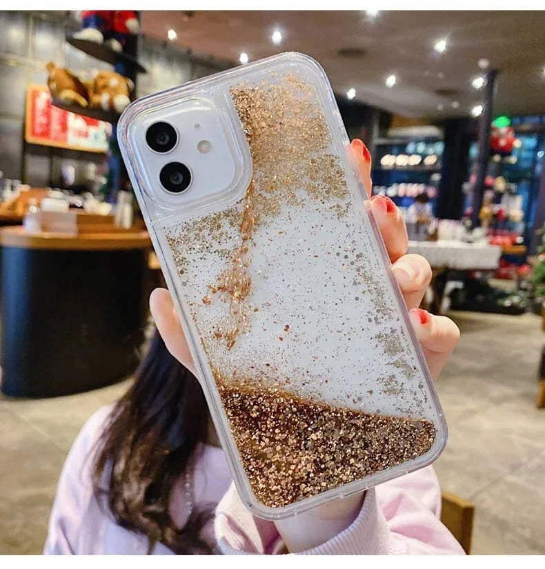 Sequins Transparent Liquid Phone Cover for iPhone 15 14 16 Pro Max Case Shell Dynamic Floating Dots Hard Funda Quicksand Carcasa