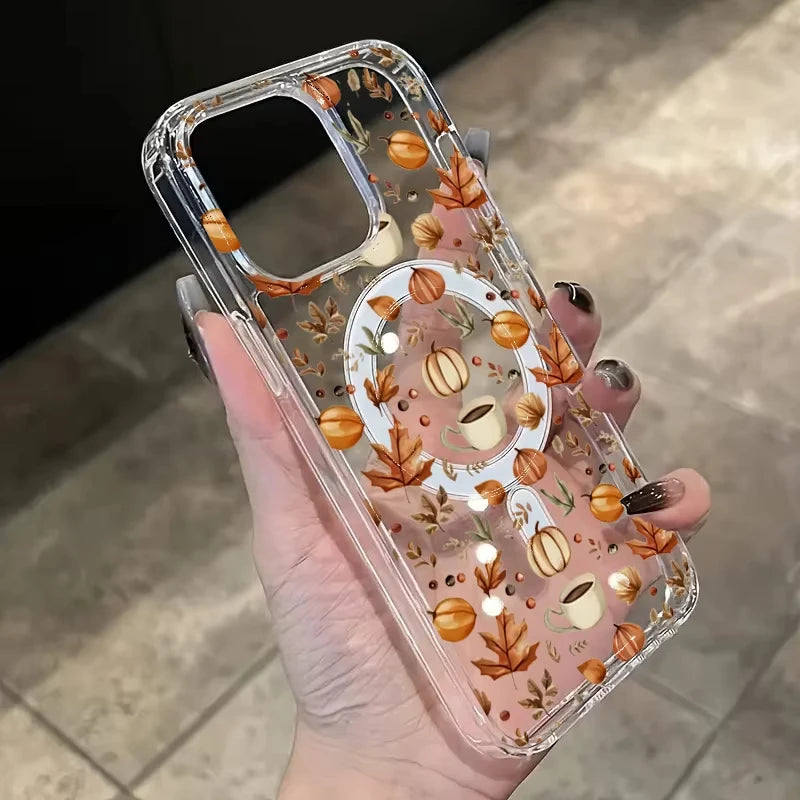Pumpkin Autumn Leaves Magsafe Magnetic Phone Case For iPhone 17 Air 16e 16 Pro Max 15 14 Plus 13 12 Mini Transparent Back Cover