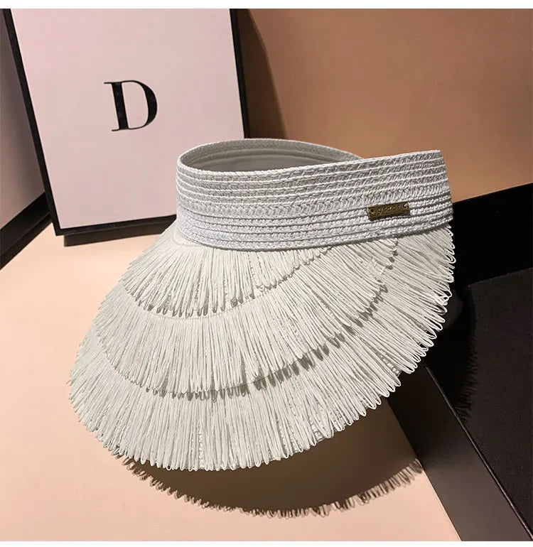 Designer Brand Sunscreen Tassel Straw Hats for Women Summer Empty Top Sun Hat Outdoor Pamama UV Protection Beach Sunshade Cap