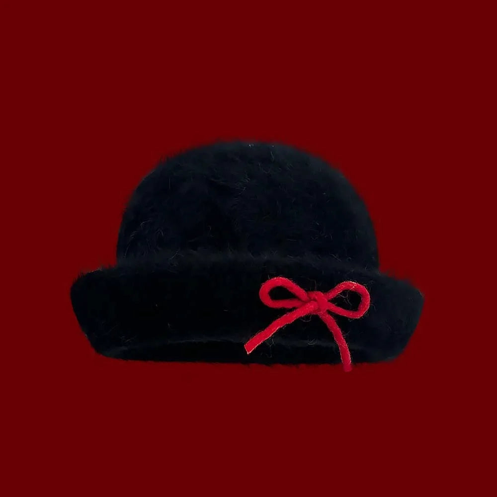 Top Hat Vintage Looking Black Bowler Hats Japanese Style Beret Woolen Bucket Cap Versatile Bow White Dome Hat Daily