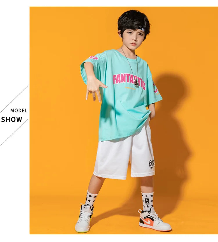 Boys Street Dance Blue T-shirt Shorts Girls Hip Hop Crop Top Skirt Outfits Kids Summer Costume Clothes Sets Children Streetwear