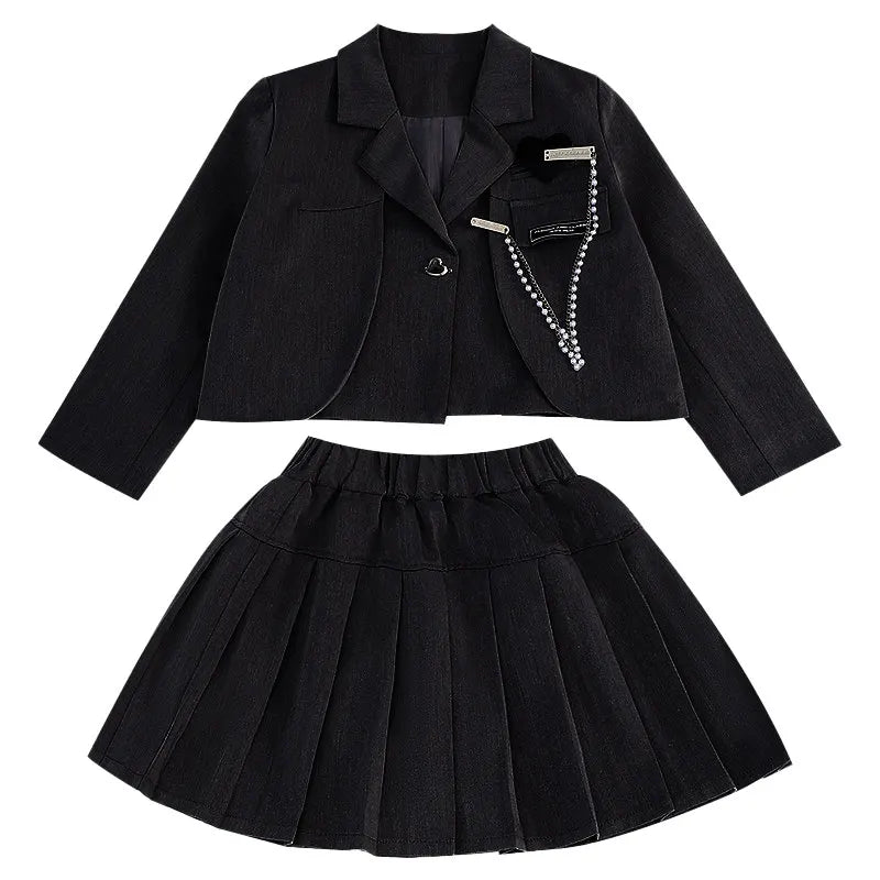 Junior Girl JK School Uniform Set Unique Formal Chain Smart Jackets and Pleated Skirt 2Pcs School Kids Child Uniform Blazer Suit