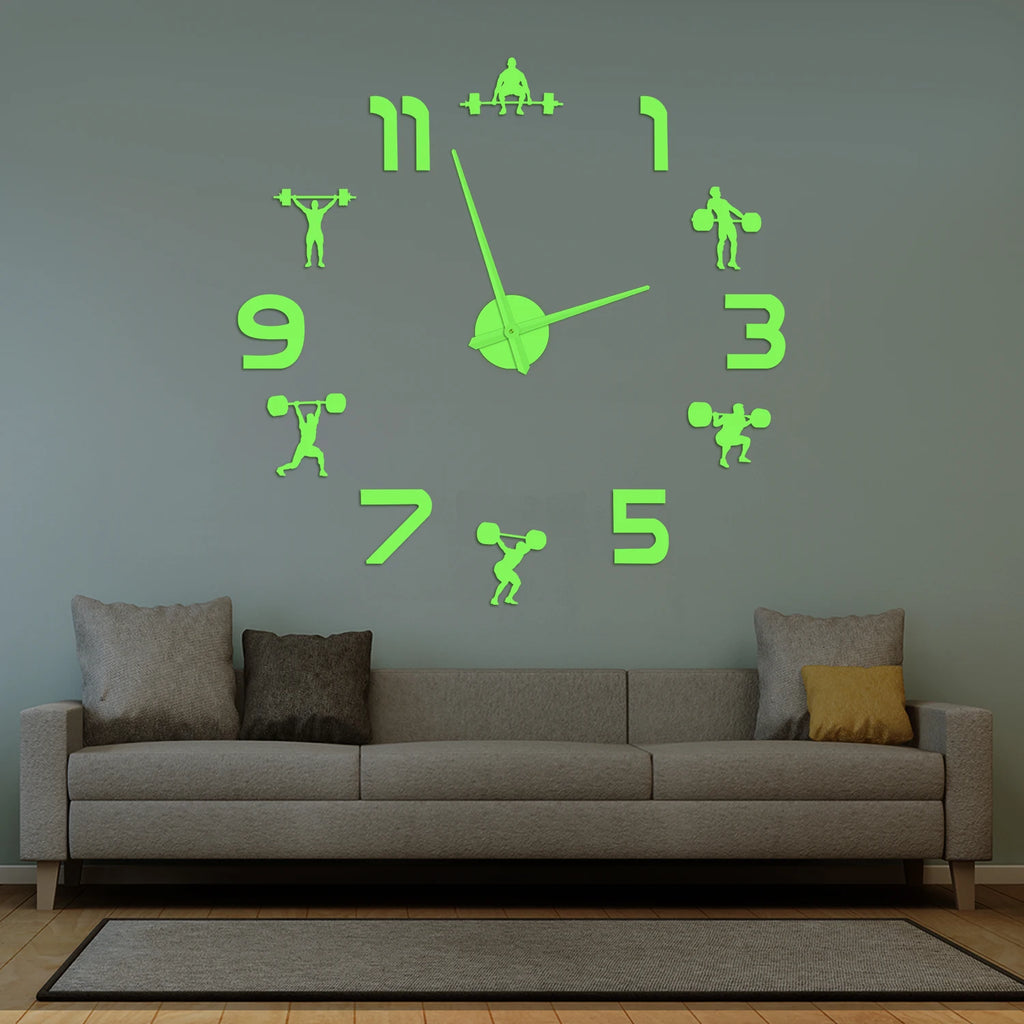 Weightlifting Fitness Room Wall Decor DIY Giant Wall Clock Mirror Effect Powerlifting Frameless Large Wall Clock GYM Wall Watch
