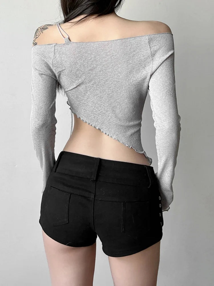 Asymmetrical T Shirts For Women Y2k Clothes Off Shoulder Sexy Streetwear Long Sleeve Crop Top Lace-up Camisetas Ropa De Mujer