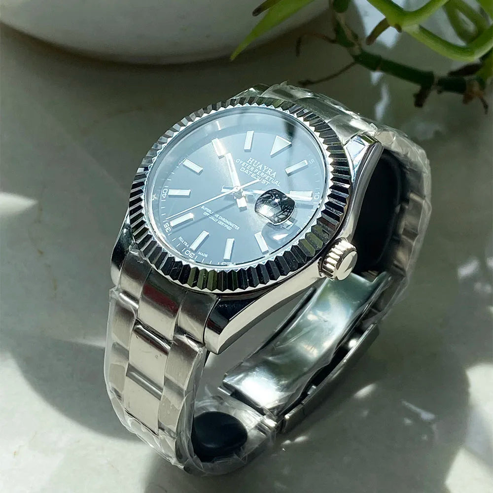 Luxury 41mm Men's Watch Black Dial Water-Resistant Date Function Chinese NH35 Movement Sports Stainless Steel Strap Steel Case