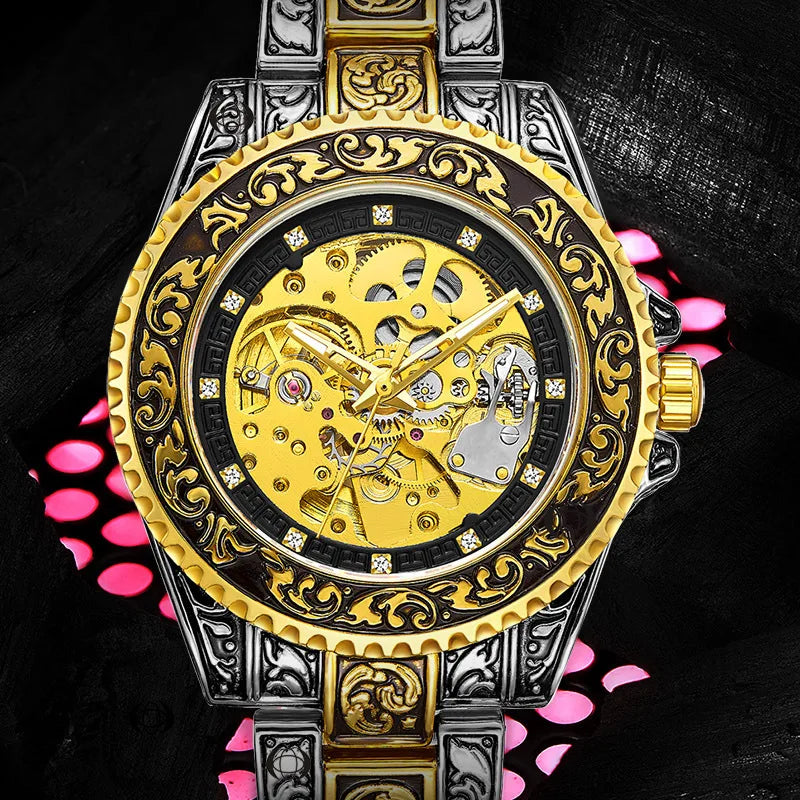 UTHAI M11 New Men watch hollowed out retro carved automatic mechanical watch cool clock gift，watches for man