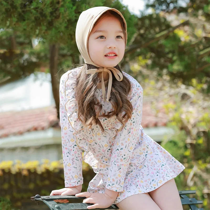 Children's Swimsuit for Girls 2025 New Style Split Long Sleeved Short Skirt Sunscreen Hat Quick Drying Four Piece Set Swimsuit
