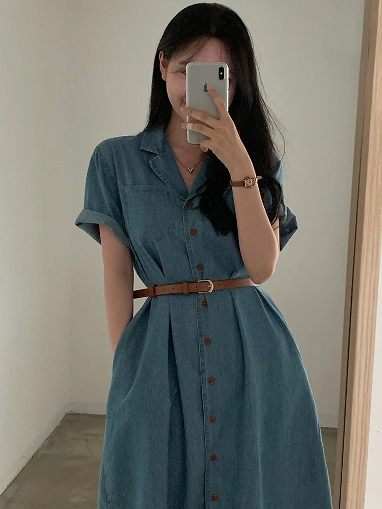 Slimming Chic Retro Chic Long Dr with Belt High Waist A-Line Skirt ort Sve Korean Sle Commute Dr Denim Dr