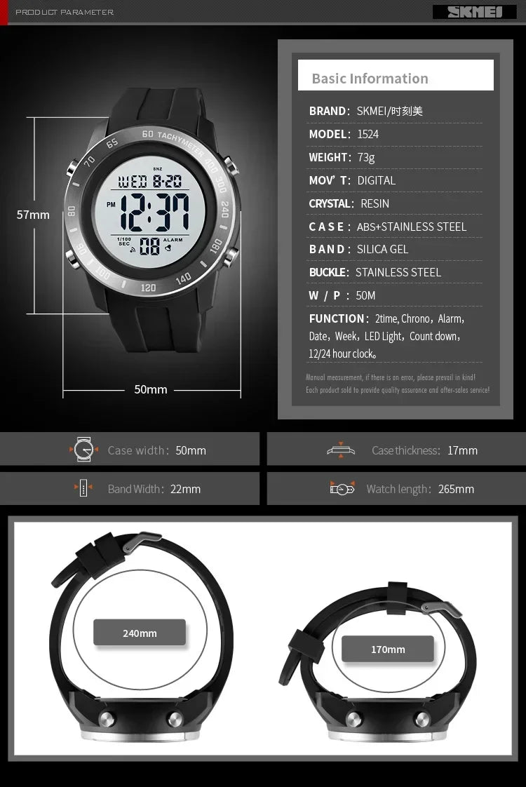 SKMEI 1524 2 Time LED Digital Wristwatches For Mens Waterproof Chrono Count Down Male Hour montre homme Big Dial Sport Men Watch
