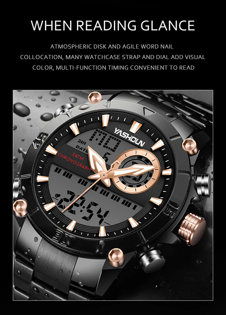 Multi-functional sports men's watch with dual movement electronic steel band luminous waterproof quartz wristwatch