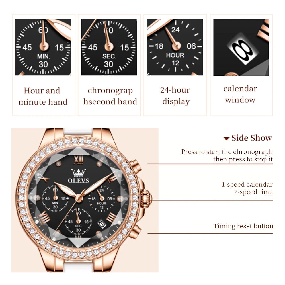 OLEVS Diamond Quartz Watch for Women Luxury Elegant Ceramics Strap Rhombic Mirror Ladies Wristwatch Waterproof Chronograph Clock