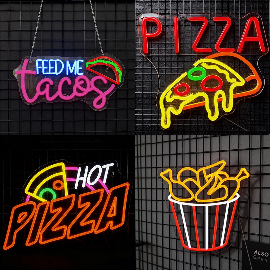 Gourmet Neon Signs, Aesthetic Business Lights Of Fried Chicken Pizza Icons, Used For Decor Of Fast Food Restaurants And Shops.