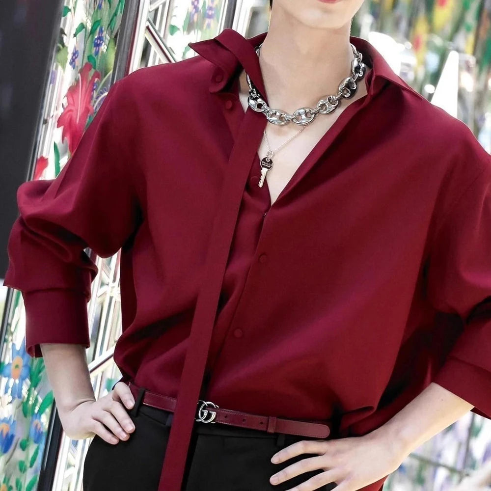 Mens Fashion High-End Party Dance Wine Red Long-Sleeved Shirt 2025 Summer Niche Design Handsome Retro Lapel Y2k Luxury Shirt Men